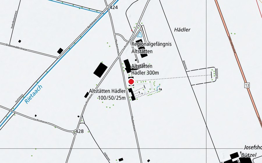 Map showing the location of Altstätten Hädler 300 m (Sports centre)