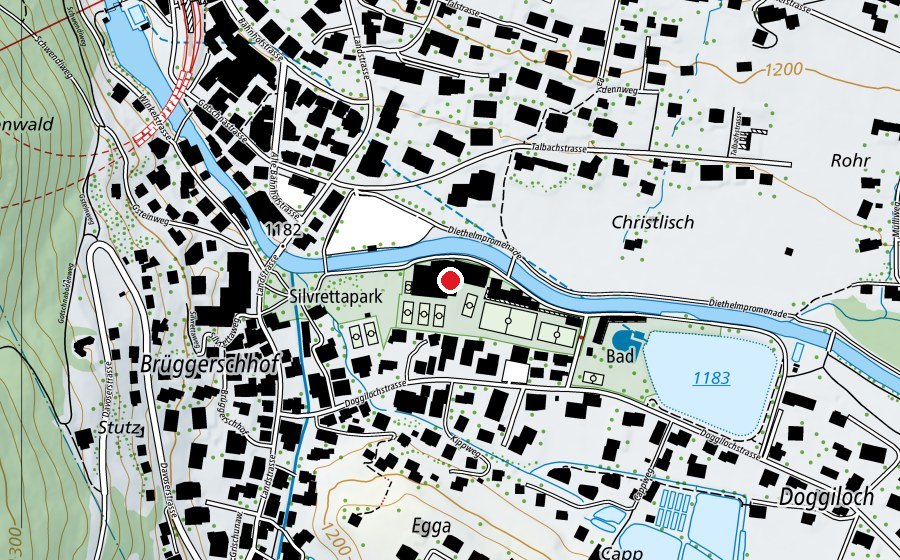 Carte indiquant l’emplacement de Arena Klosters (Centre sportif)