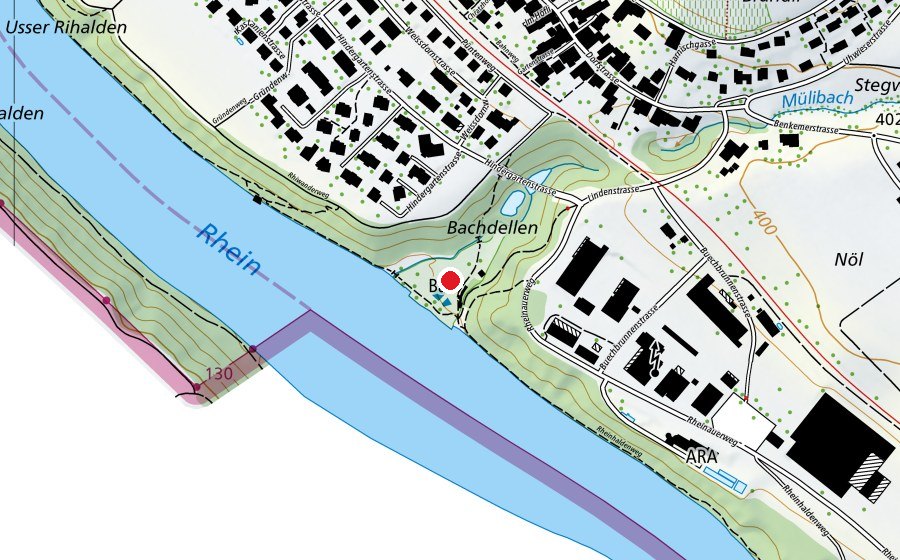 Carte indiquant l’emplacement de Badeanlage Bachdelle (Centre sportif)
