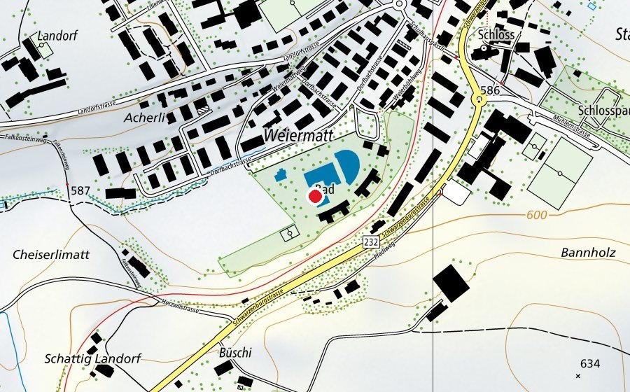 Carte indiquant l’emplacement de Badeanlage Weiermatt (Centre sportif)