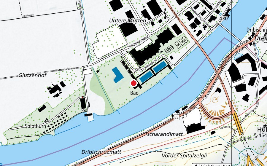 Carte indiquant l’emplacement de Badi Solothurn (Centre sportif)