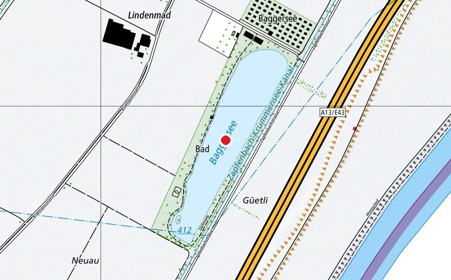 Karte mit dem Standort von Baggersee Kriessern (Sportanlage)