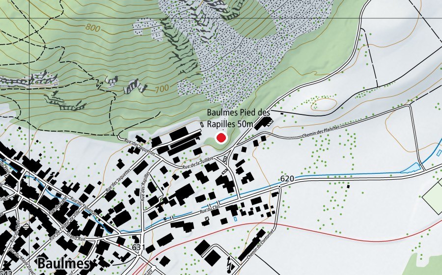 Karte mit dem Standort von Baulmes Pied des Rapilles 50 m (Sportanlage)