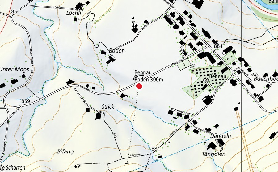 Map showing the location of Bennau Boden 300 m (Sports centre)