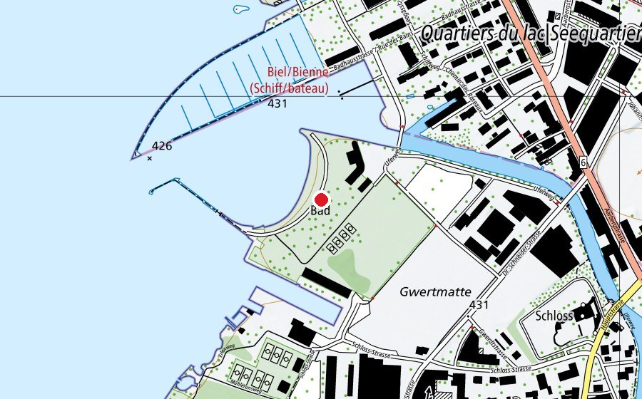 Mappa con la posizione di Bieler Strandbad/ Plage de Bienne (Centro sportivo)