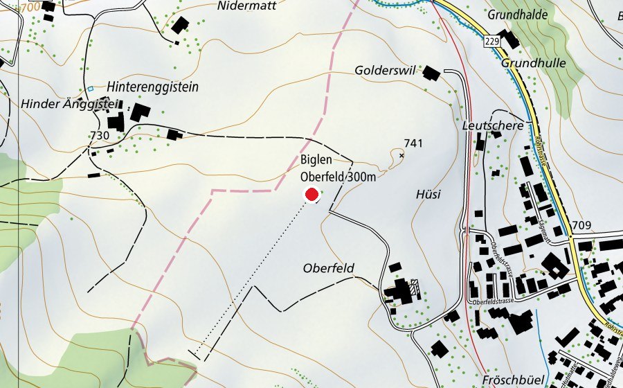 Karte mit dem Standort von Biglen Oberfeld 300 m (Sportanlage)