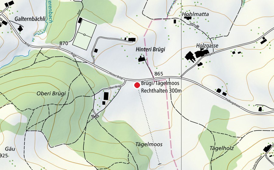 Mappa con la posizione di Brügi/Tägelmoos Rechthalten 300 m (Centro sportivo)
