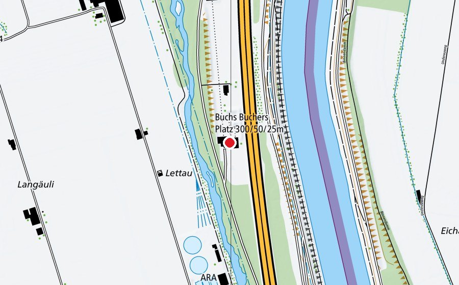 Carte indiquant l’emplacement de Buchs Buchers Platz 300/50/25 m (Centre sportif)