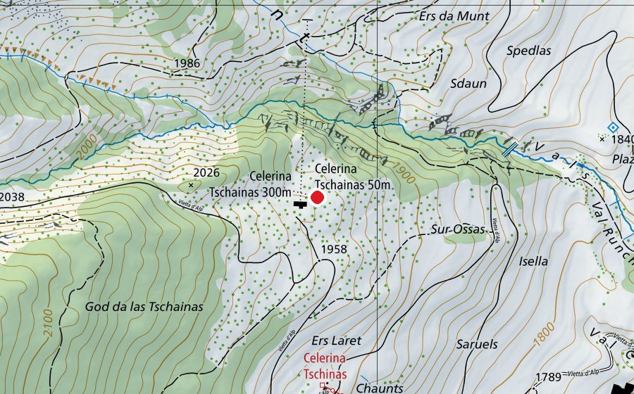 Mappa con la posizione di Celerina Tschainas 50 m (Centro sportivo)