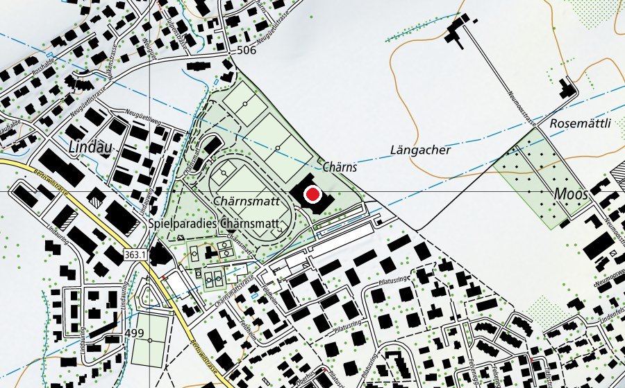 Carte indiquant l’emplacement de Chärnshalle (Centre sportif)