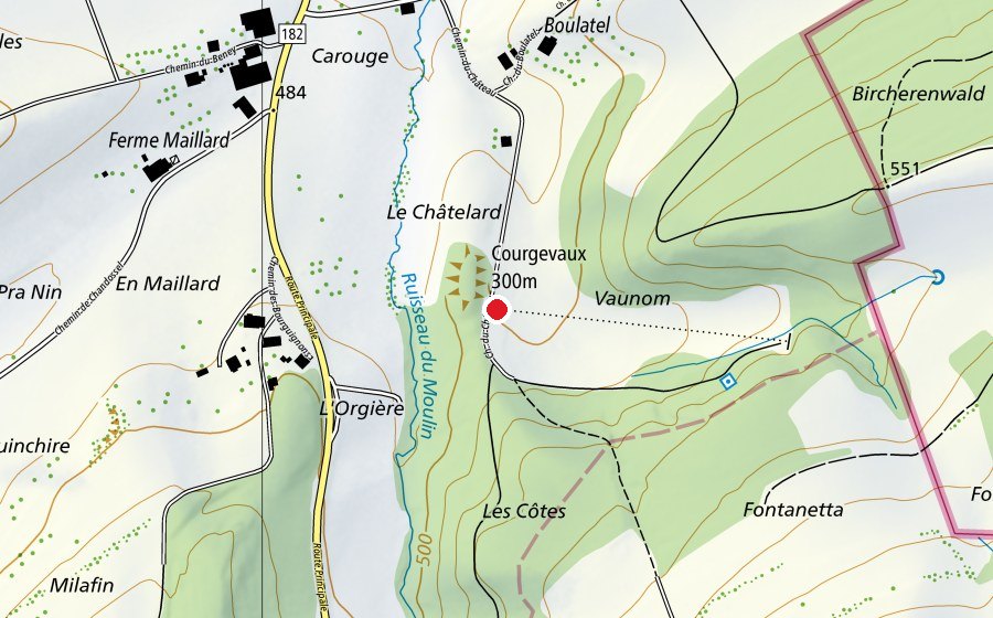 Mappa con la posizione di Courgevaux 300 m (Centro sportivo)