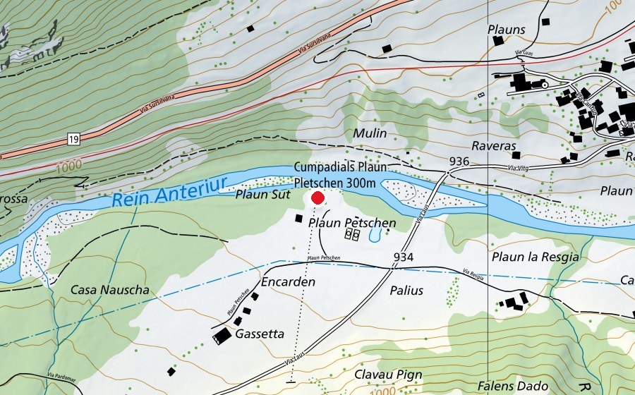 Carte indiquant l’emplacement de Cumpadials Plaun Petschen 300 m (Centre sportif)