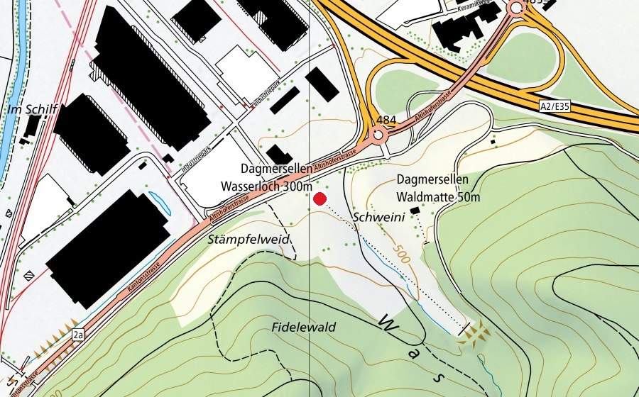 Map showing the location of Dagmersellen Wasserloch 300 m (Sports centre)