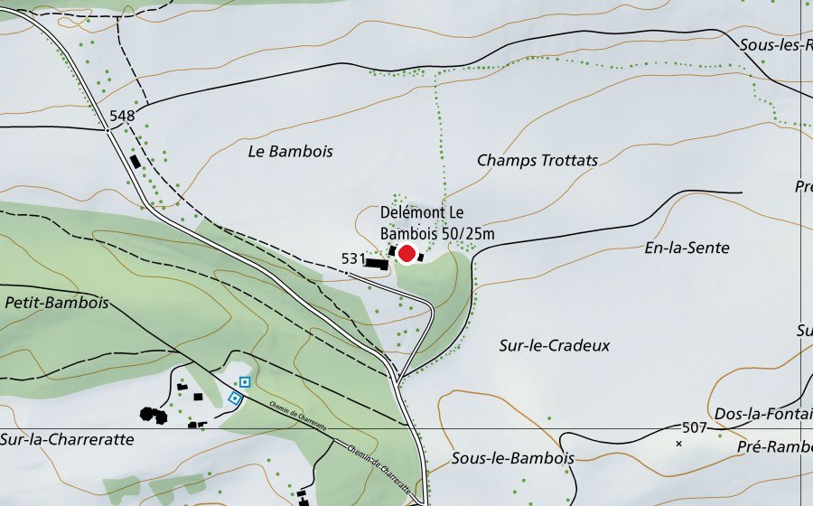 Map showing the location of Delémont Le Bambois 50/25 m (Sports centre)