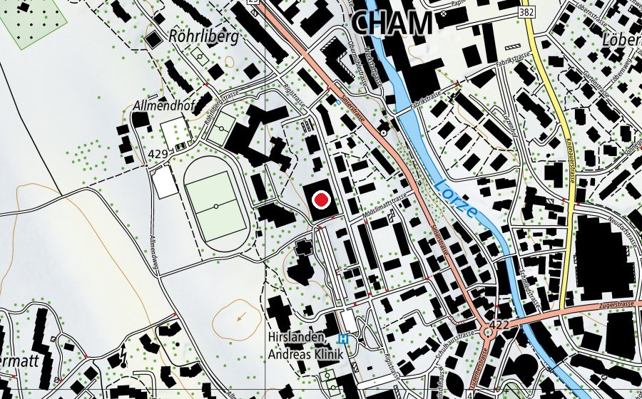 Carte indiquant l’emplacement de Dreifachsporthalle Röhrliberg (Centre sportif)