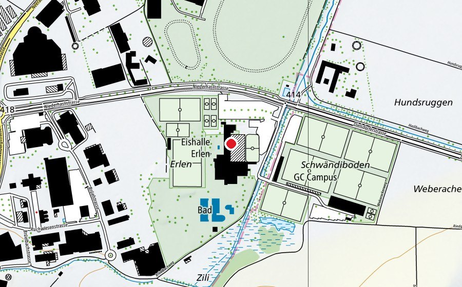 Map showing the location of Eishalle Erlen (Sports centre)