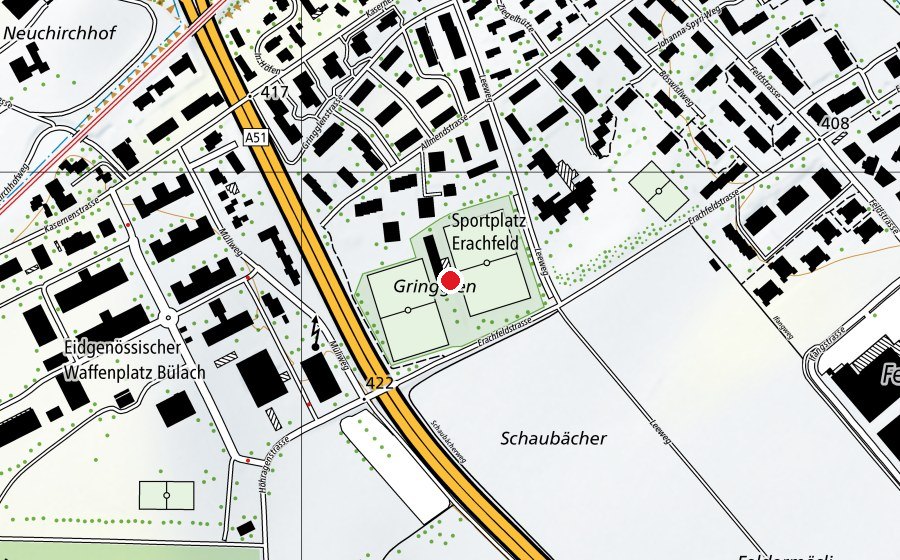 Mappa con la posizione di Erachfeld Plätze u. Clubhaus FC-Bülach (Centro sportivo)
