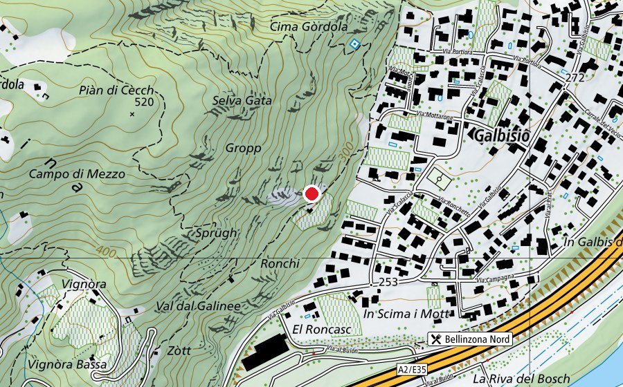 Map showing the location of Falesia di Gorduno (Sports centre)