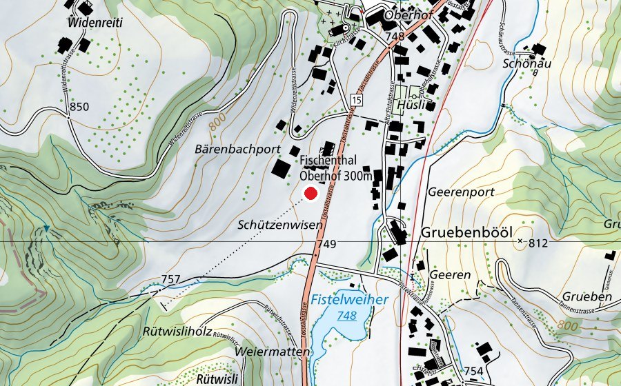 Karte mit dem Standort von Fischenthal Oberhof 300 m (Sportanlage)