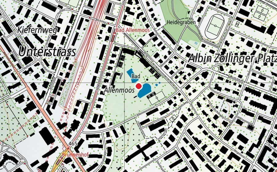 Carte indiquant l’emplacement de Freibad Allenmoos (Centre sportif)