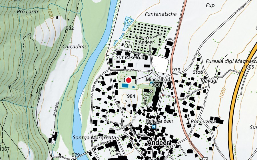 Mappa con la posizione di Freibad Andeer (Centro sportivo)