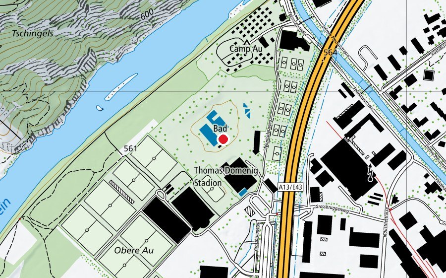 Map showing the location of Freibad Obere Au (Sports centre)