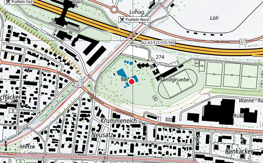 Carte indiquant l’emplacement de Freibad Pratteln (Centre sportif)