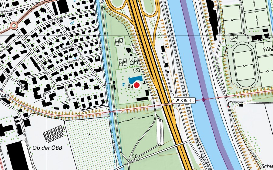 Karte mit dem Standort von Freibad Rheinau (Sportanlage)