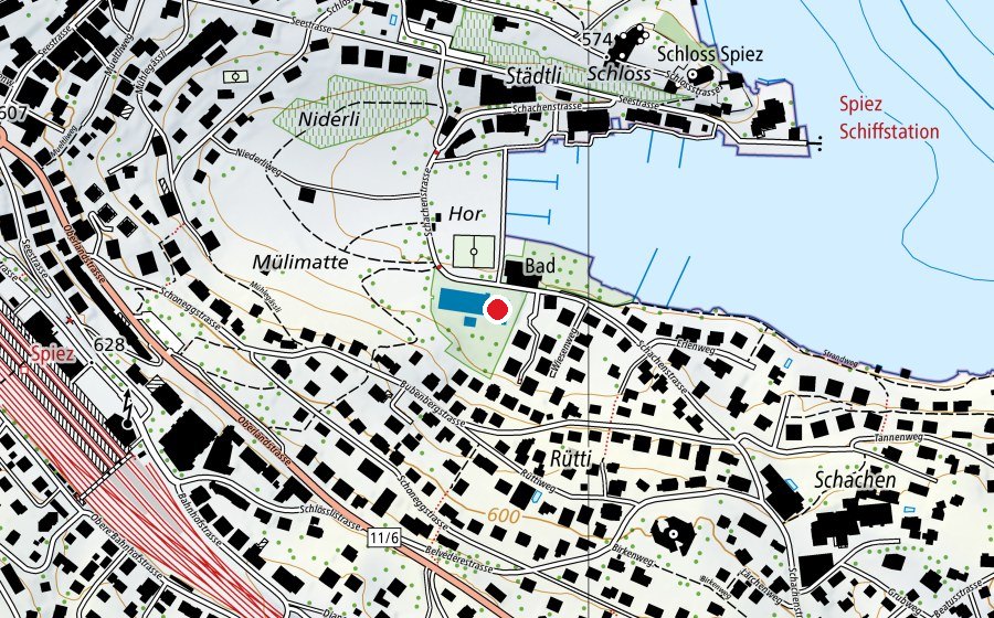 Mappa con la posizione di Freibad-Seebad Spiez (Centro sportivo)