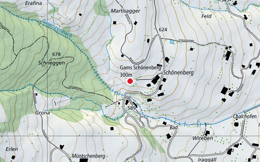 Map showing the location of Gams Schönenberg 300 m (Sports centre)