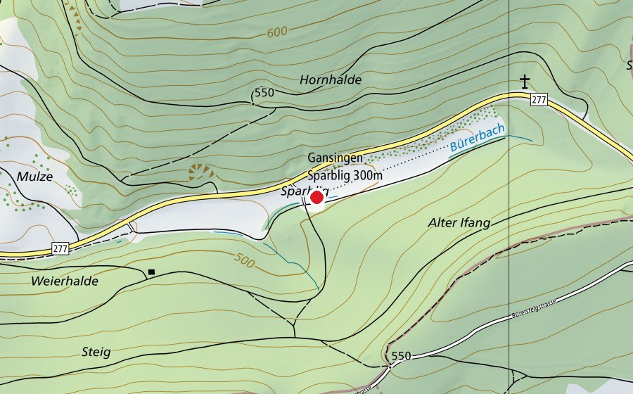 Map showing the location of Gansingen Sparblig 300 m (Sports centre)