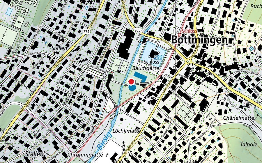 Map showing the location of Gartenbad beim Schloss Bottmingen (Sports centre)