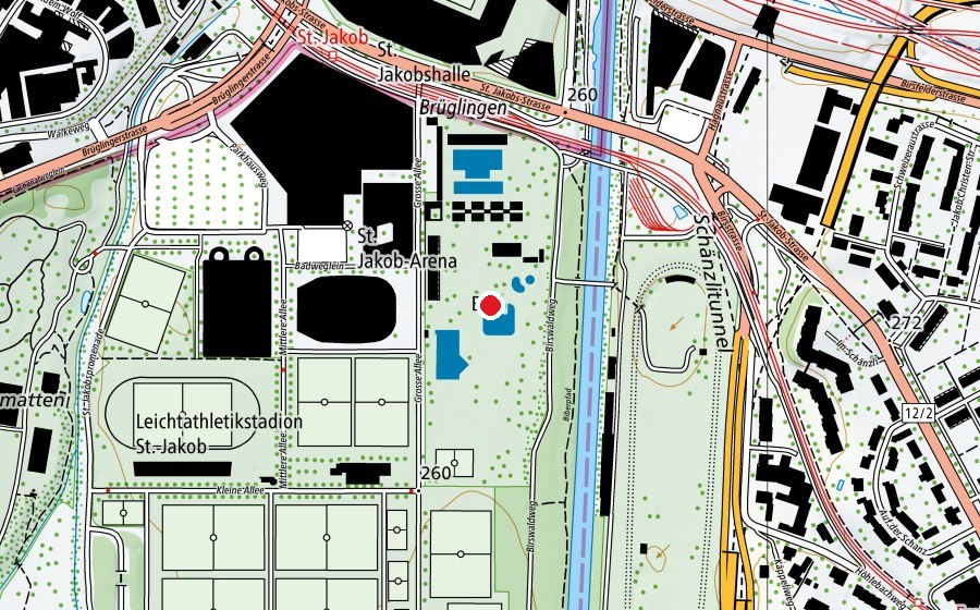Mappa con la posizione di Gartenbad St. Jakob (Centro sportivo)