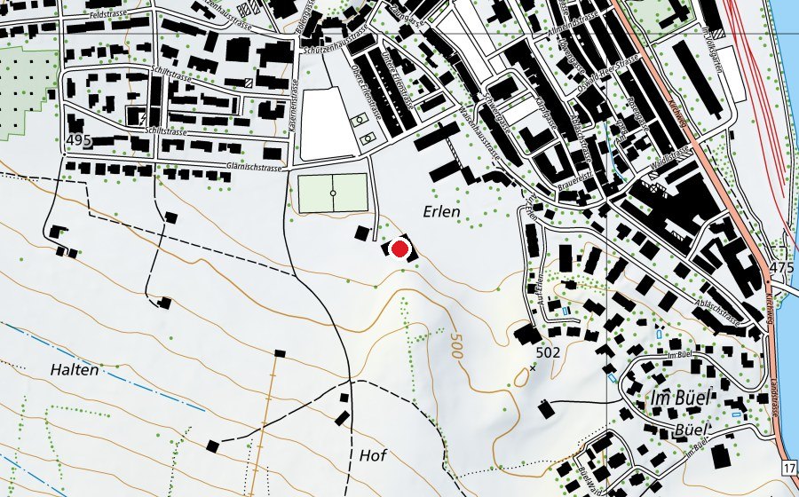 Map showing the location of Gründli (Sports centre)