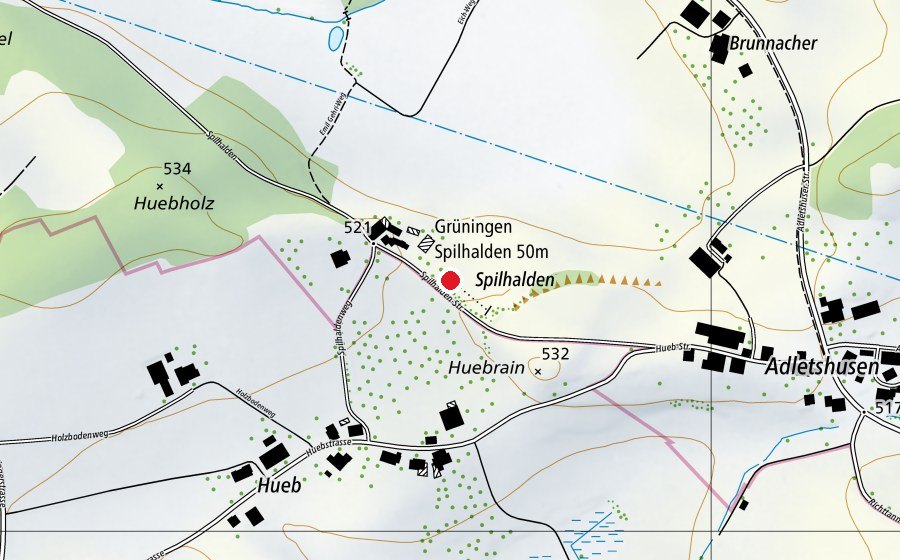 Karte mit dem Standort von Grüningen Spilhalden 50 m (Sportanlage)
