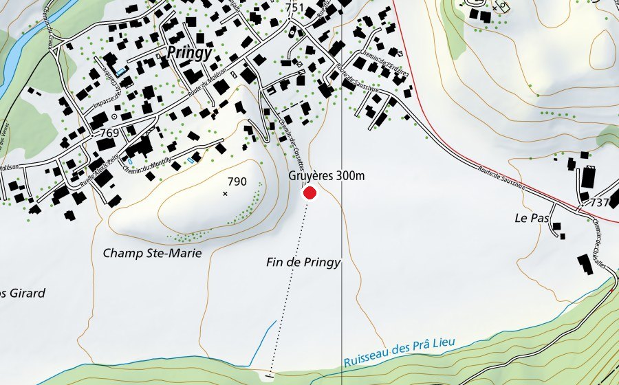 Karte mit dem Standort von Gruyères 300 m (Sportanlage)