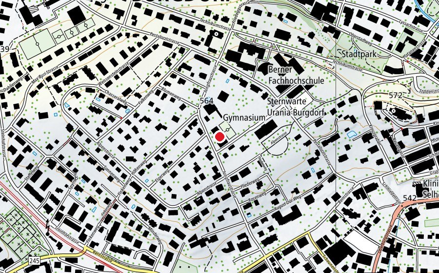 Carte indiquant l’emplacement de Gsteig Turnhalle (Centre sportif)