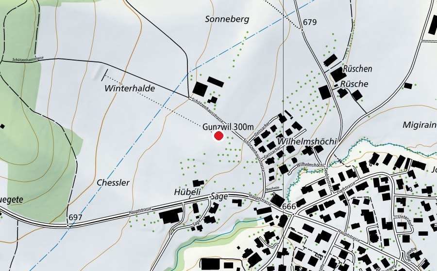 Map showing the location of Gunzwil 300 m (Sports centre)