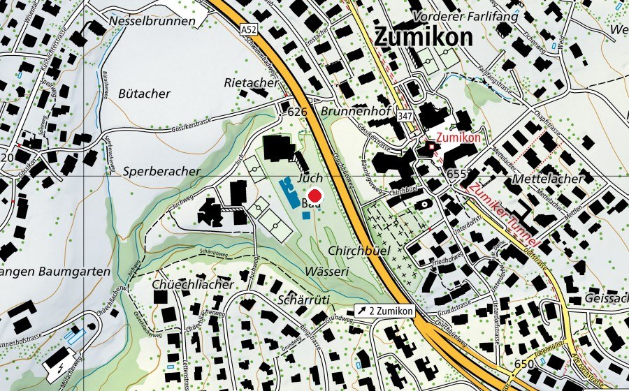 Map showing the location of Hallen- und Freibad Juch (Sports centre)