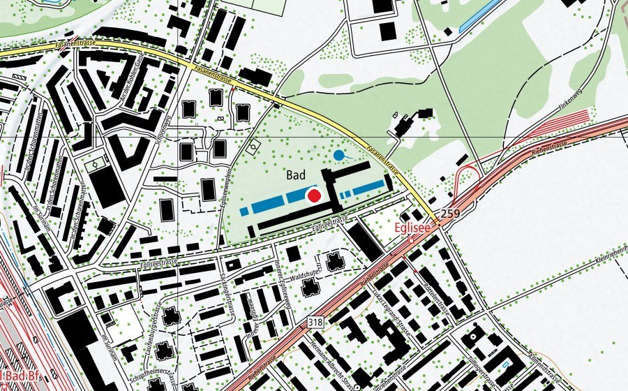 Map showing the location of Hallenbad Eglisee (Sports centre)