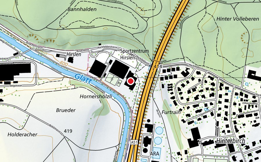 Mappa con la posizione di Hallenbad Hirslen (Centro sportivo)