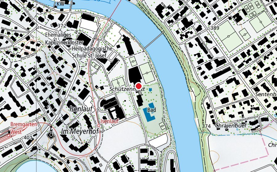 Map showing the location of Hallenbad Isenlauf (Sports centre)
