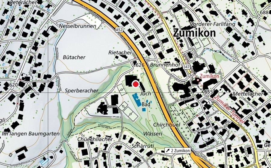 Karte mit dem Standort von Hallenbad Juch (Sportanlage)