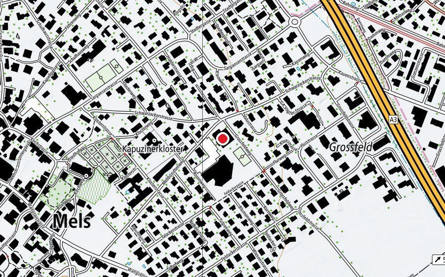 Map showing the location of Hallenbad Mels (Sports centre)