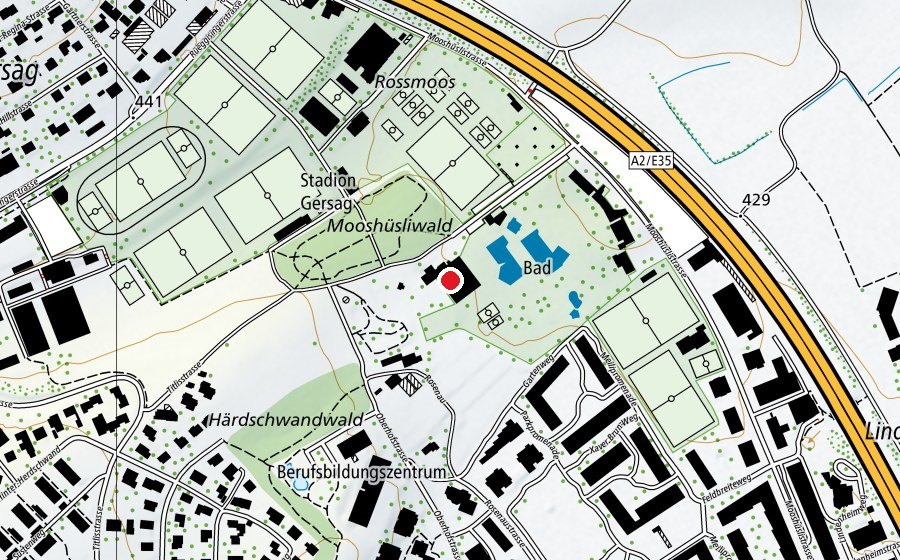Carte indiquant l’emplacement de Hallenbad Mooshüsli (Centre sportif)