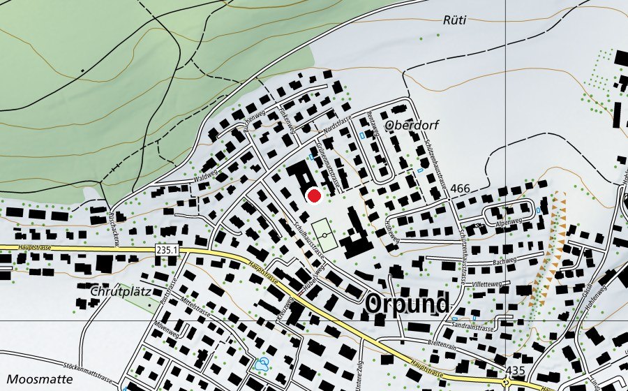 Map showing the location of Hallenbad Orpund (Sports centre)