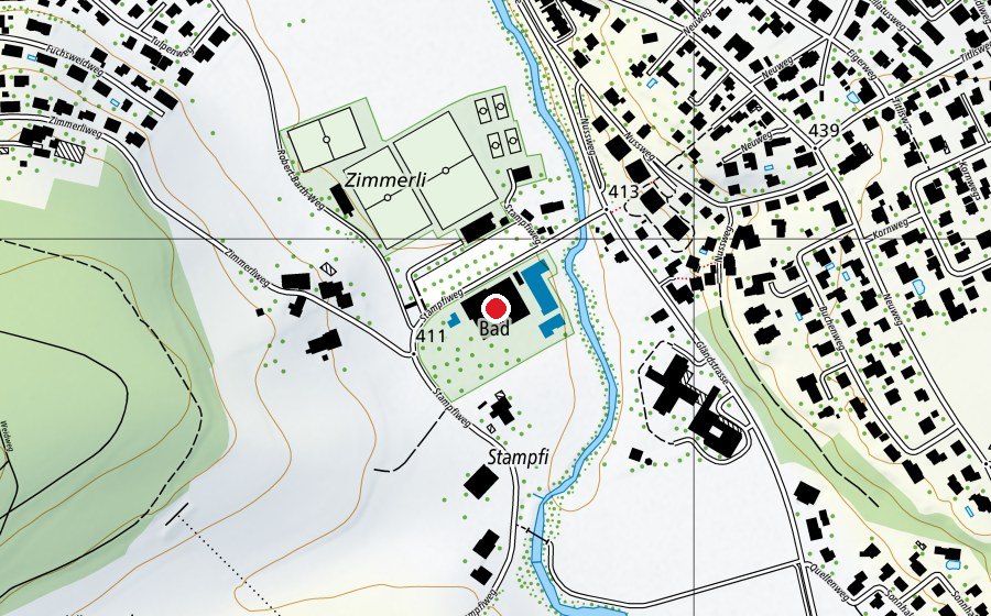Map showing the location of Hallenbad Stampfi (Sports centre)