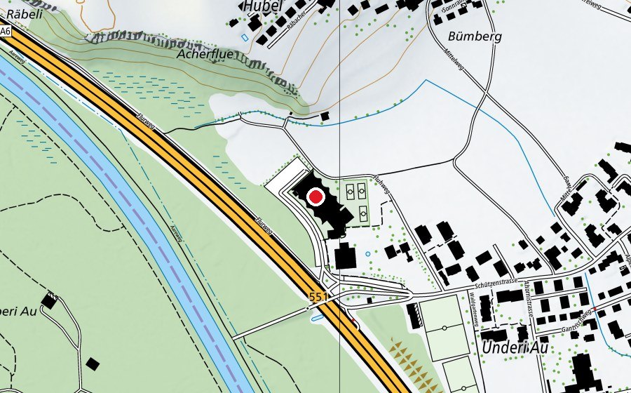 Map showing the location of Hallenbad und Tenniszentrum Heimberg (Sports centre)