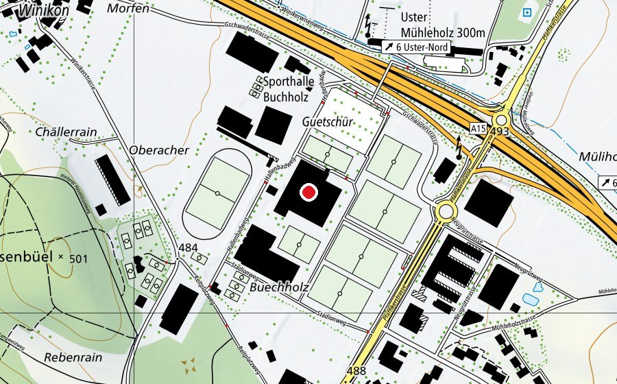 Map showing the location of Hallenbad Uster (Sports centre)