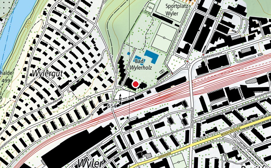 Map showing the location of Hallenbad Wyler (Sports centre)